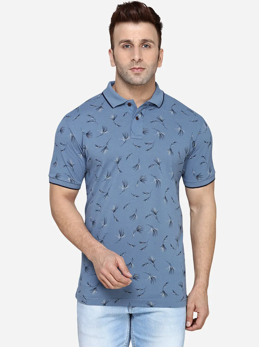 Aqua Blue Printed Slim Fit Polo T-Shirt | Greenfibre