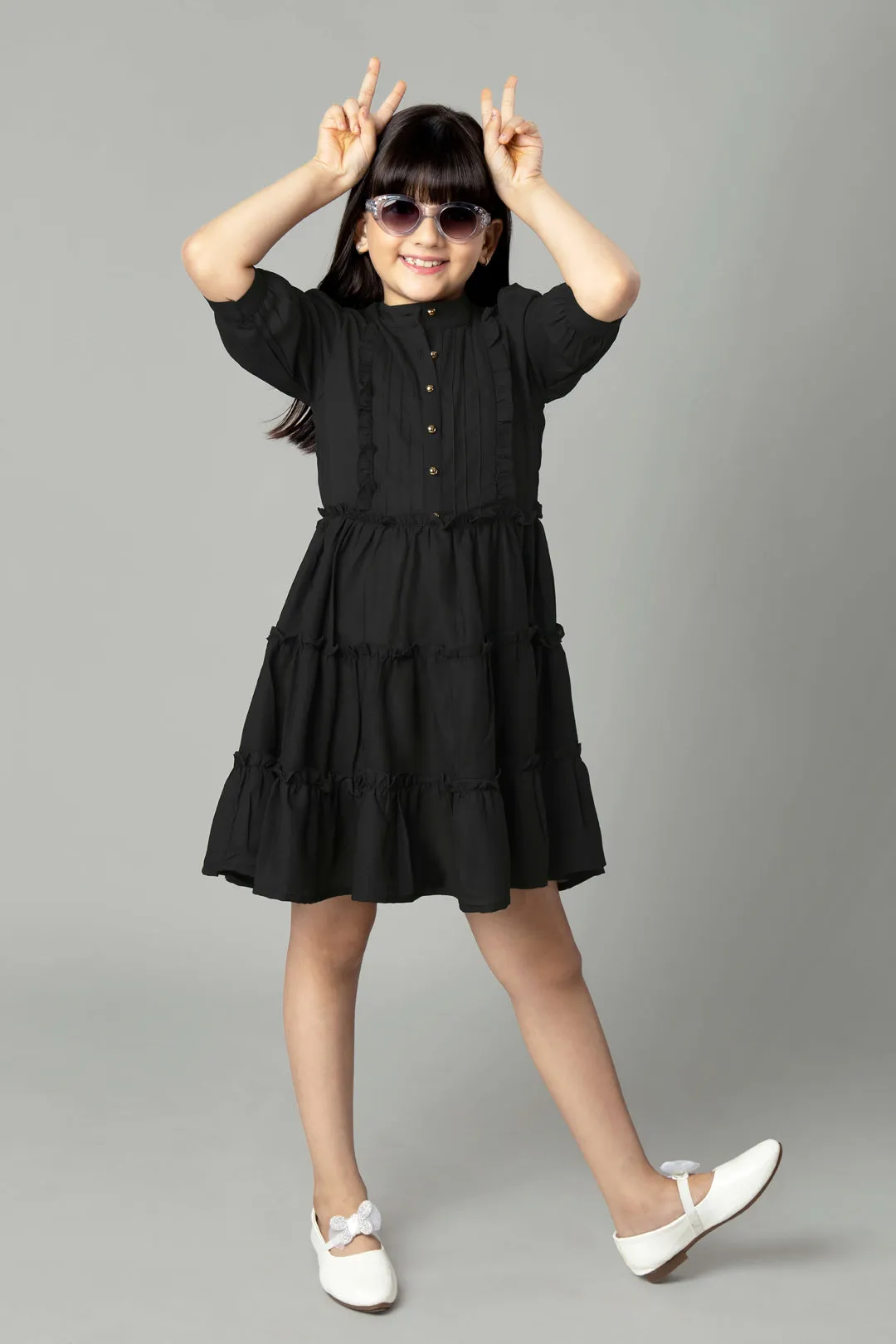 Black Puff Sleeve Ruffle Shirt Dress For Girls