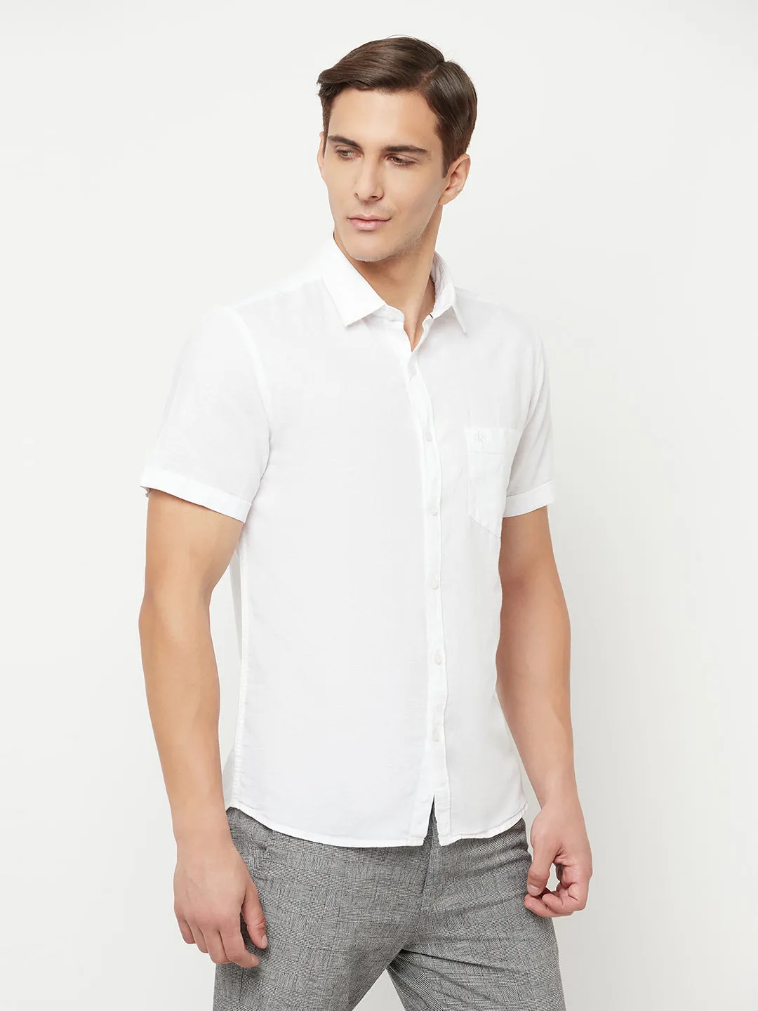 Cantabil Cotton Blend Solid White Half Sleeve Casual Shirt for Men with Pocket