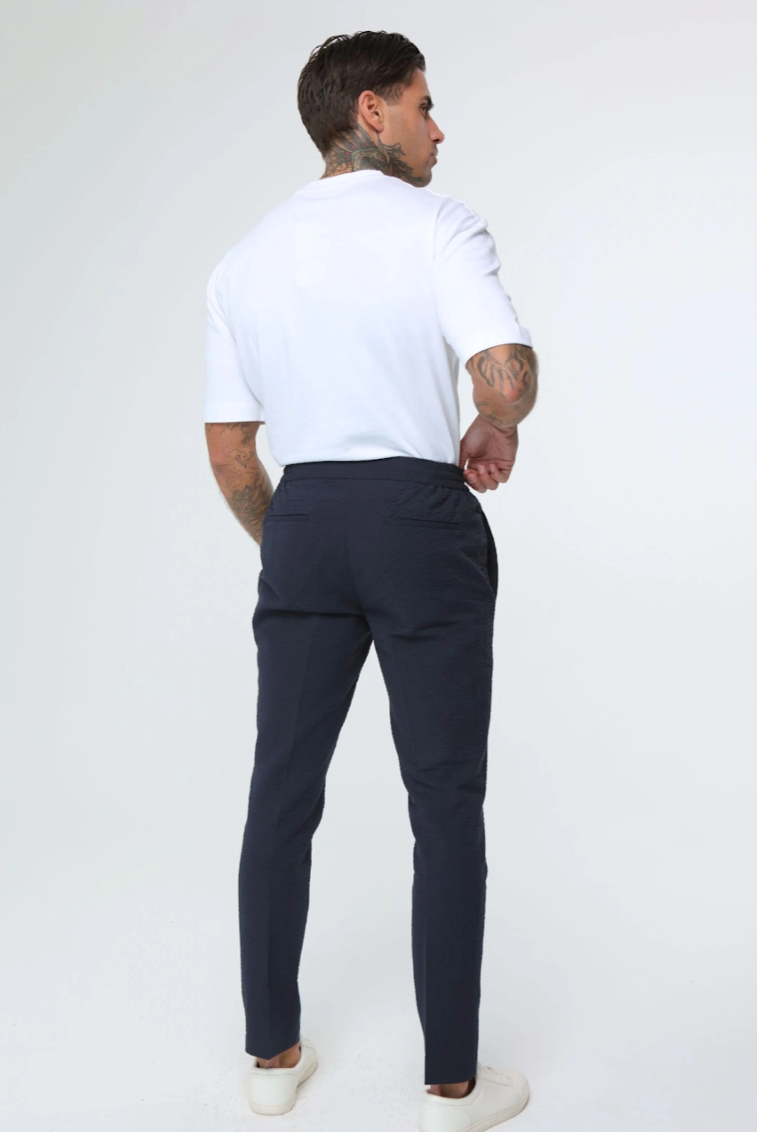 DEAKIN Cotton Linen Seersucker Trouser Navy