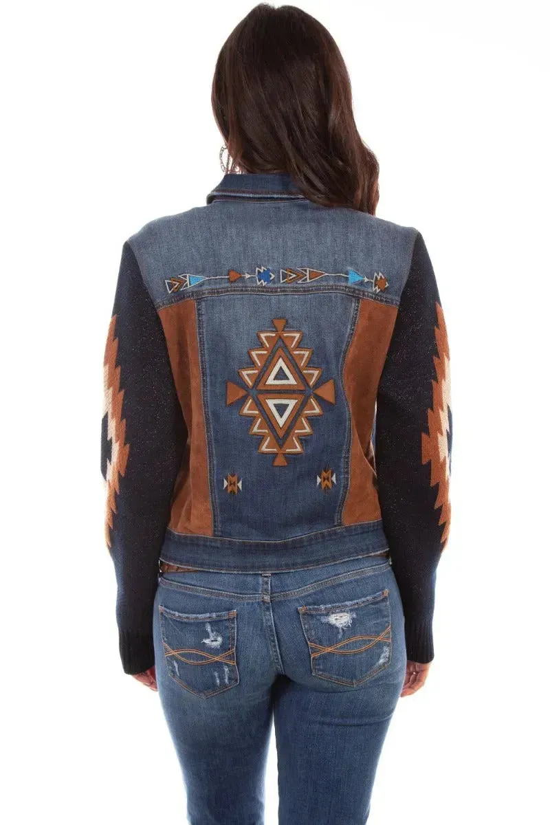 Honey Creek Aztec Embroidery - Womens Sweater Sleeve Denim Jacket