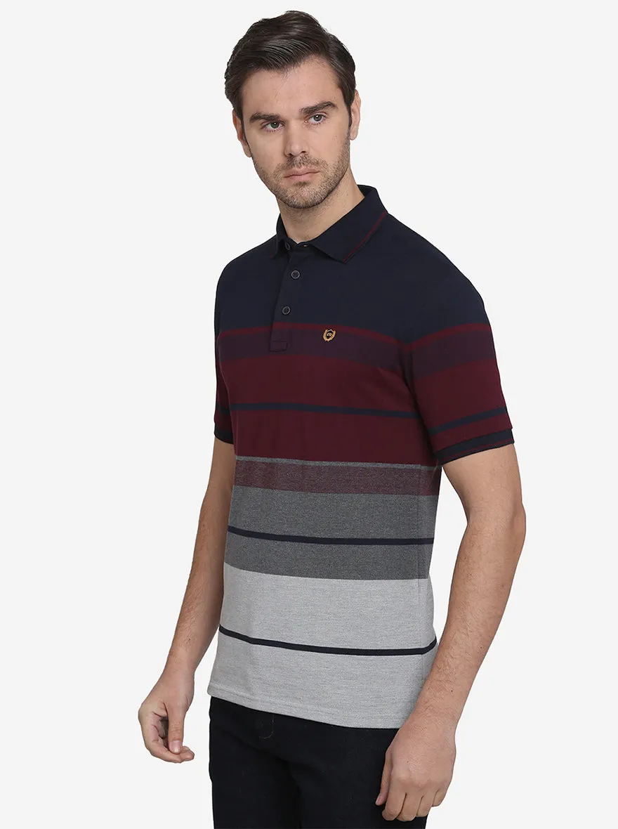 Maroon & Navy Blue Striped Slim Fit Polo T-shirt  | JadeBlue