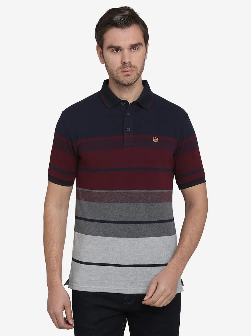 Maroon & Navy Blue Striped Slim Fit Polo T-shirt  | JadeBlue