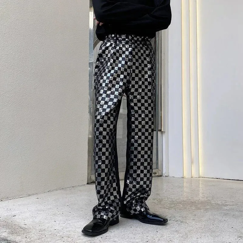 Men's Niche Black And White Checkered Sequin Patchwork Men's Long Pants Straight Wide Leg Design Chic Trousers Korean Y9982