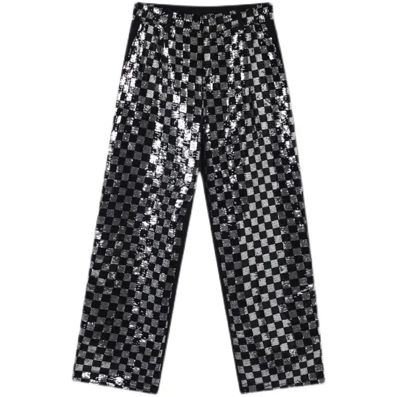 Men's Niche Black And White Checkered Sequin Patchwork Men's Long Pants Straight Wide Leg Design Chic Trousers Korean Y9982