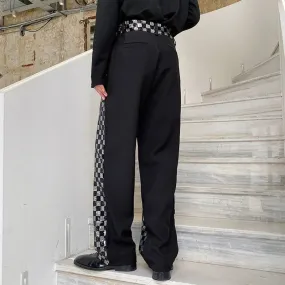 Men's Niche Black And White Checkered Sequin Patchwork Men's Long Pants Straight Wide Leg Design Chic Trousers Korean Y9982