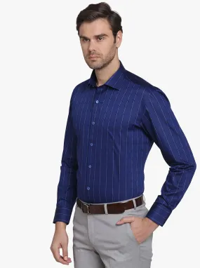 Navy Blue Striped Slim Fit Formal Shirt  | Metal