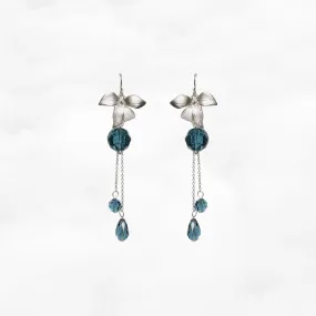 Orchid Flower Teal Crystal Earrings Silver