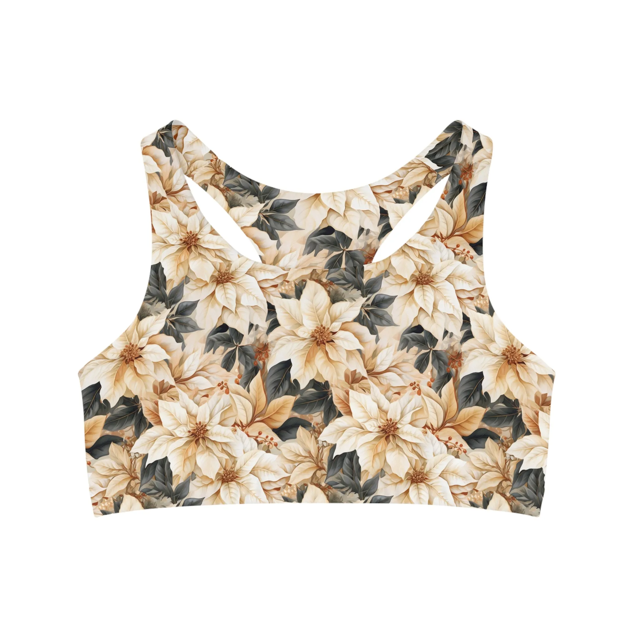 Seamless Sports Bra, Cream Poinsettia,   Women's Crop Top, Women's Sportswear, Women's Athleticwear, Women's Activewear