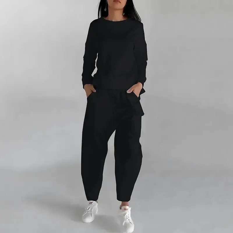 Solid Colour Fashion Sweatshirt With Pockets Loose Trousers