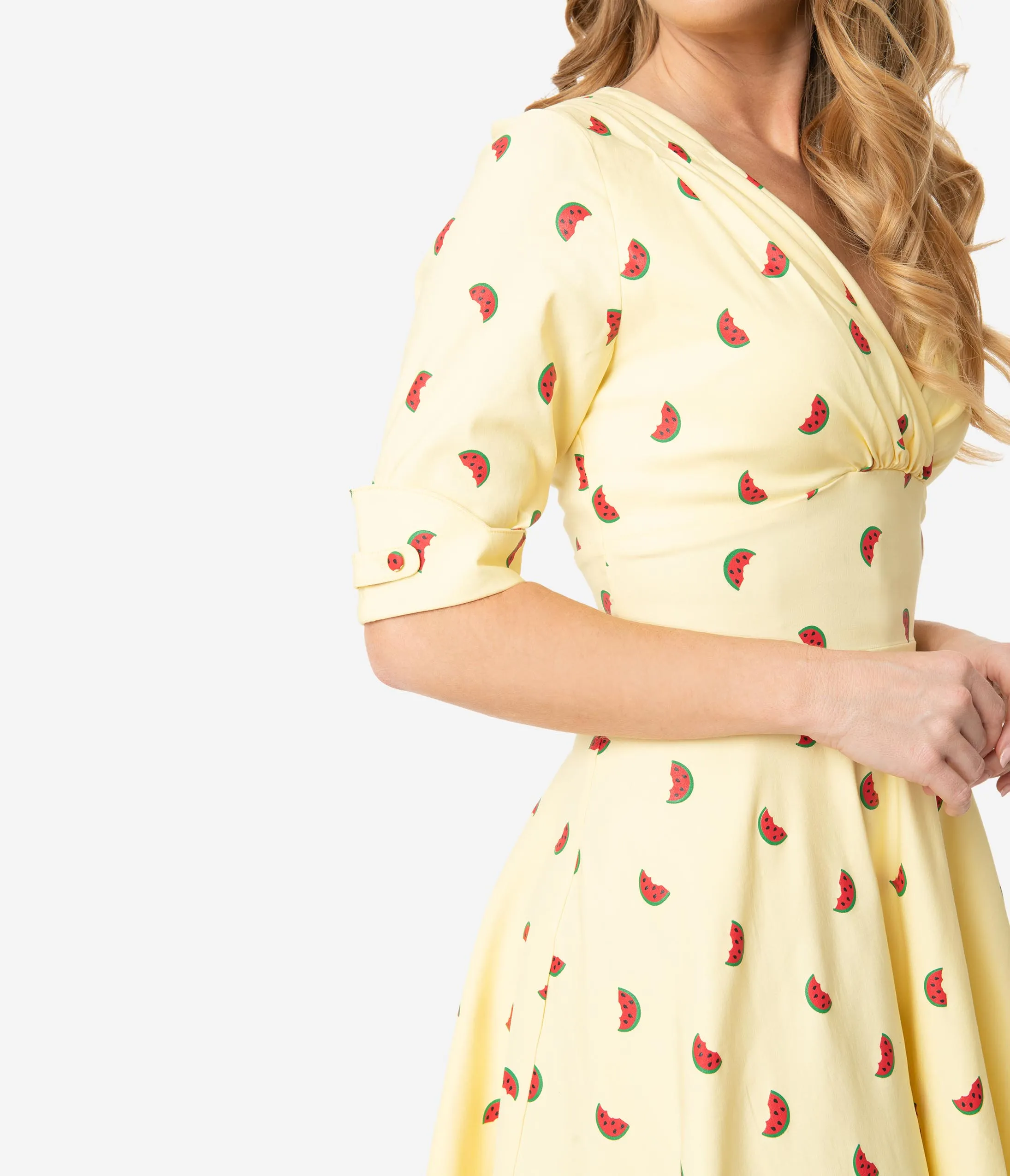 Unique Vintage Light Yellow Watermelon Print Delores Fit & Flare Dress