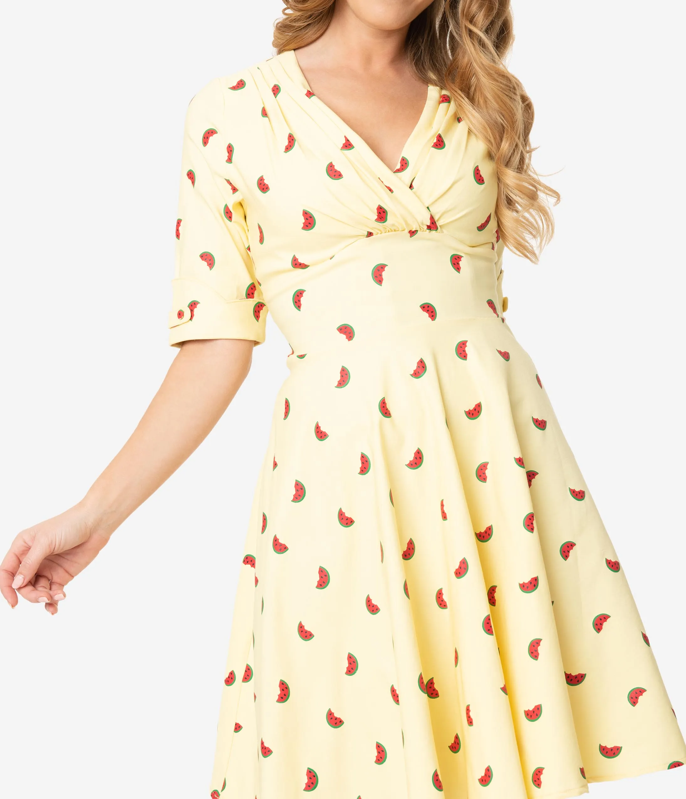 Unique Vintage Light Yellow Watermelon Print Delores Fit & Flare Dress