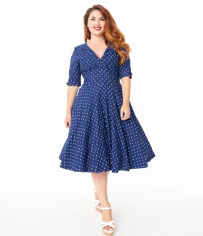 Unique Vintage Plus Size 1950s Blue Anchor Print Delores Swing Dress with Sleeves