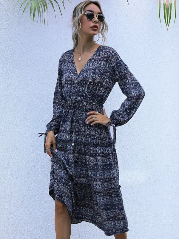 Women's Boho Print Long Sleeve Maxi Dress